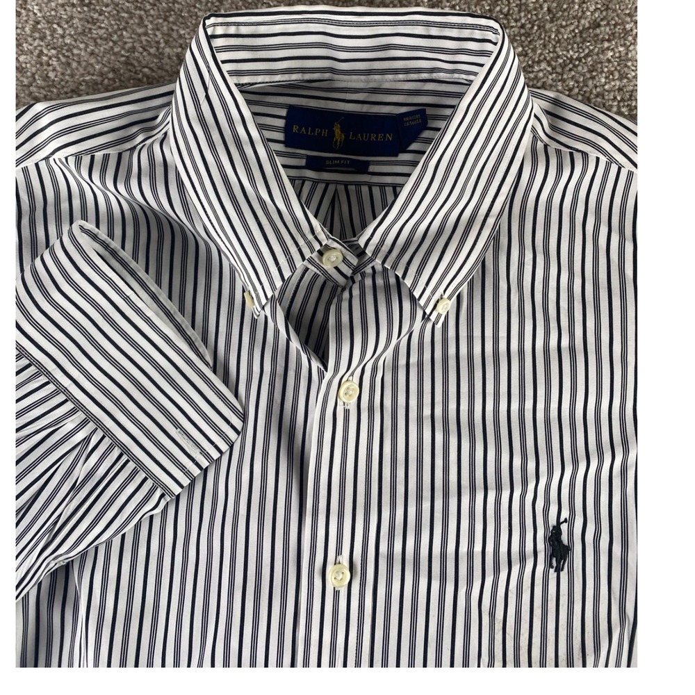 Polo Ralph Lauren Mens L Slim Fit Black/White Striped Button Down Black Pony